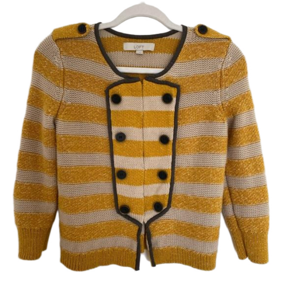 LOFT ANN TAYLOR Cream and Mustard Striped 100% Cotton Sweater with Buttons Sz XS